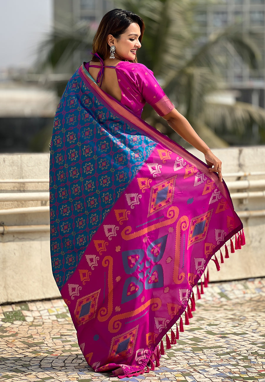 Blue soft silk zari woven patola saree with contrast weaves