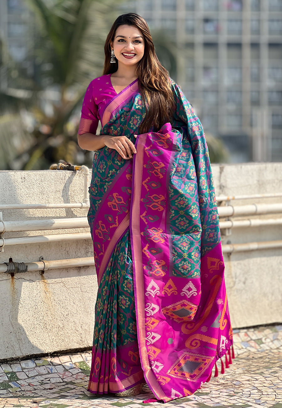 Green soft silk zari woven patola saree with contrast weaves