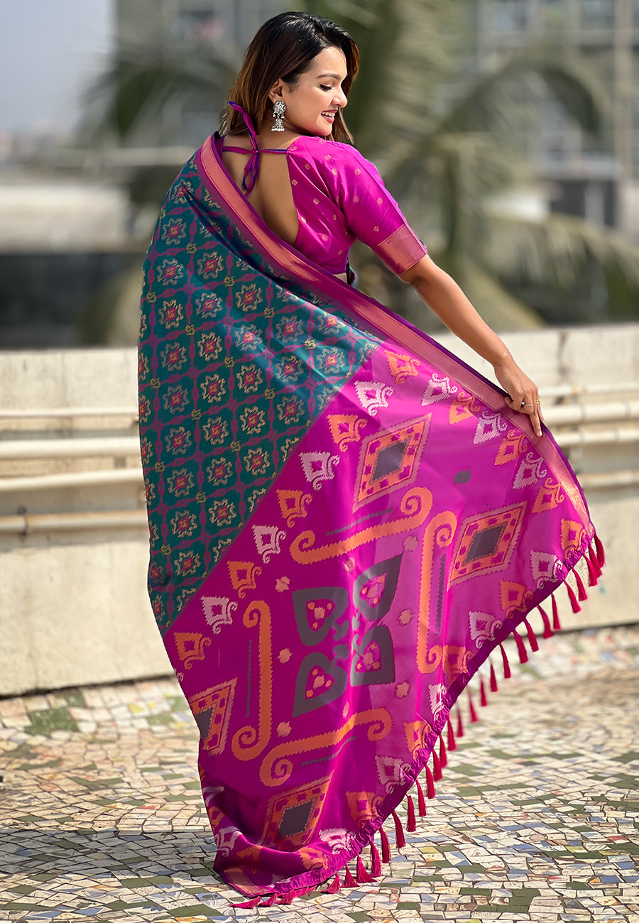 Green soft silk zari woven patola saree with contrast weaves