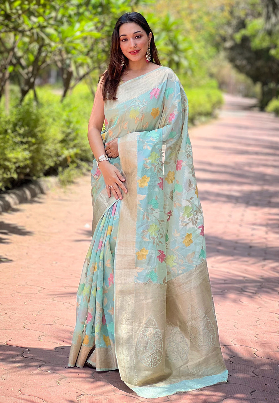 Sky blue organza meenakari floral jaal zari woven saree