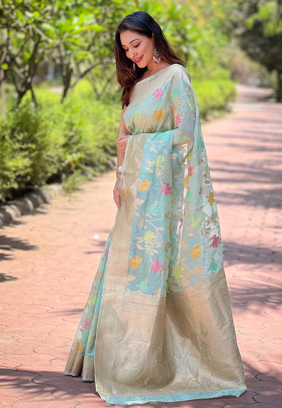 Sky blue organza meenakari floral jaal zari woven saree