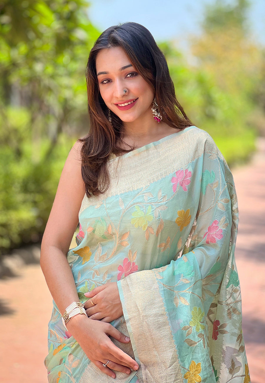 Sky blue organza meenakari floral jaal zari woven saree