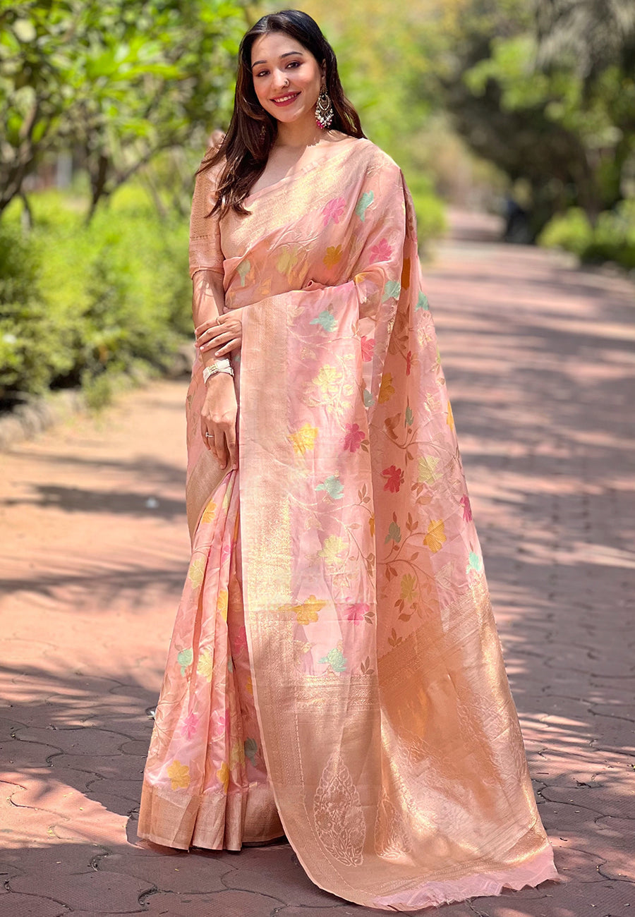 Baby pink organza meenakari floral jaal zari woven saree