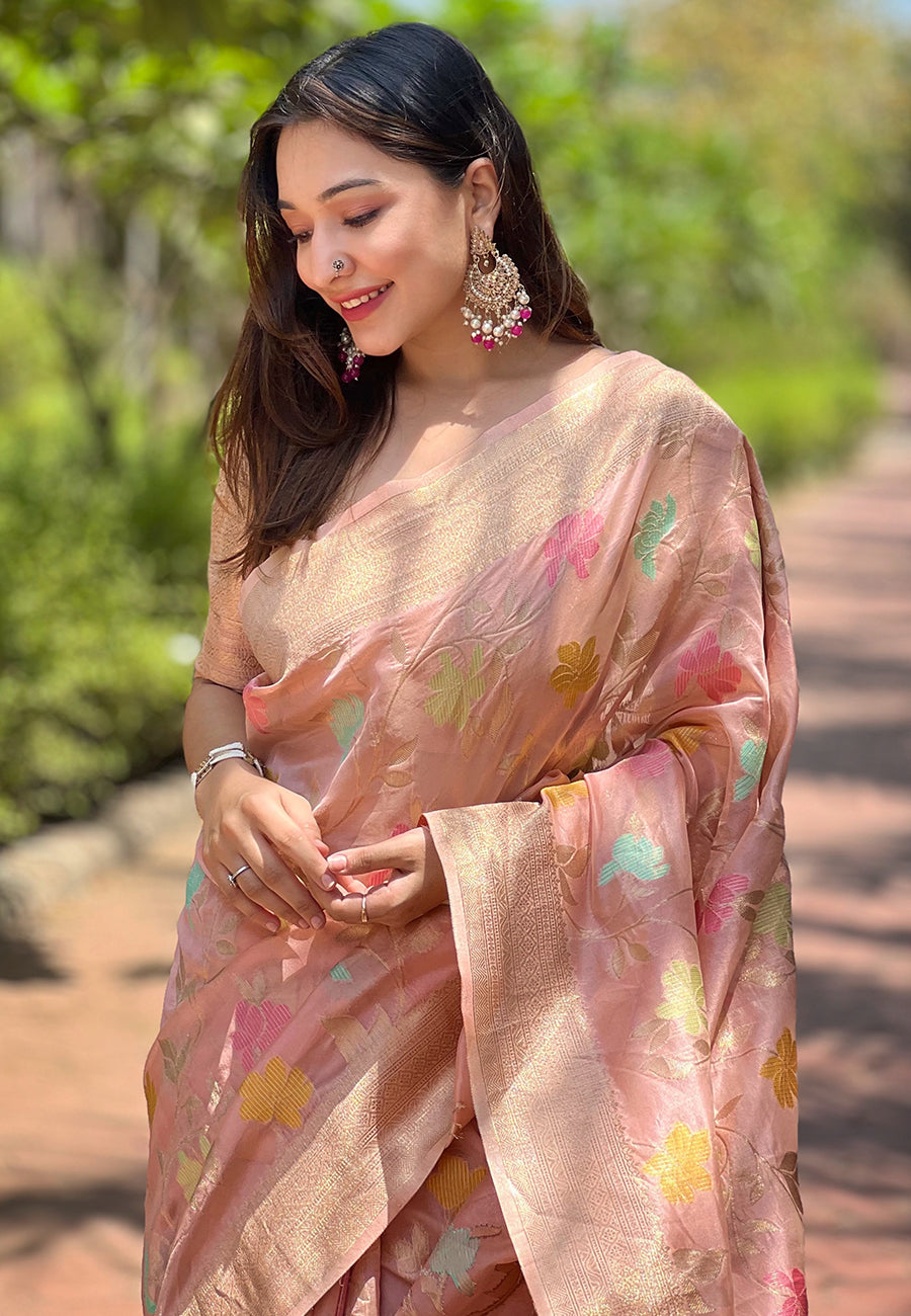 Baby pink organza meenakari floral jaal zari woven saree