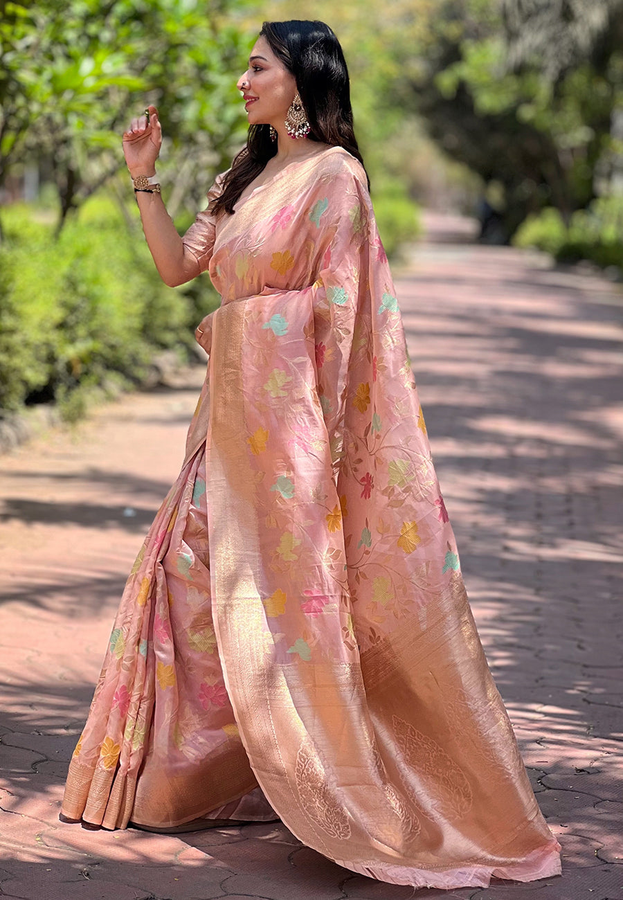 Baby pink organza meenakari floral jaal zari woven saree