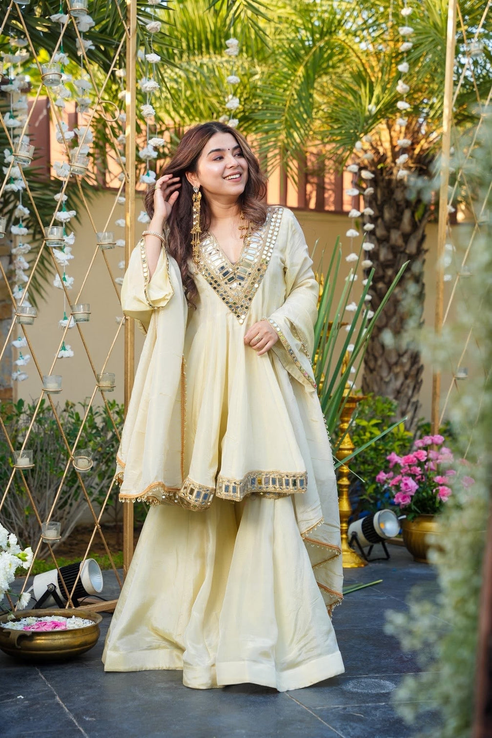 Ivory color heavy mirror embellished anarkali with sharara dupatta