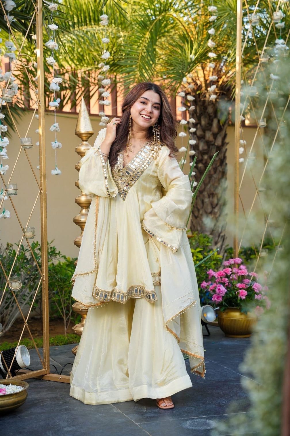 Ivory color heavy mirror embellished anarkali with sharara dupatta mameraa