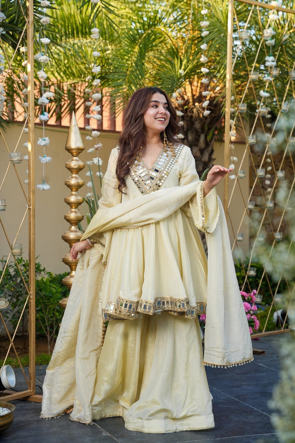 Ivory color heavy mirror embellished anarkali with sharara dupatta