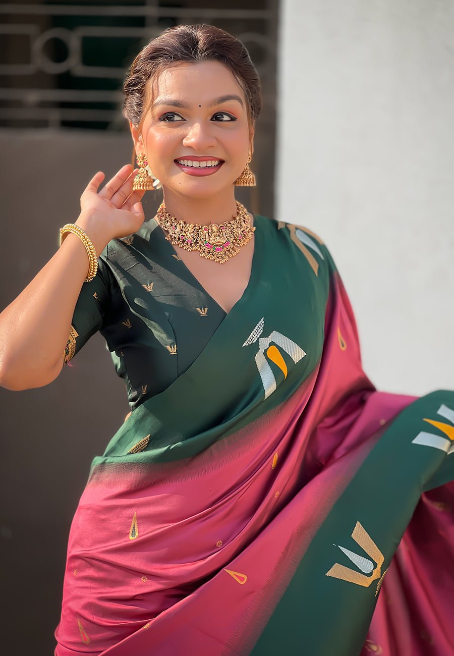 Coral pink south traditional tilak contrast soft silk zari woven saree