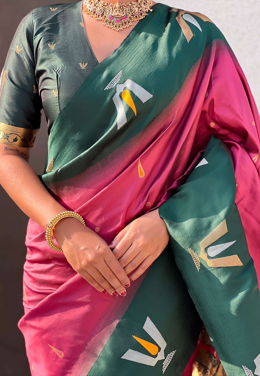 Coral pink south traditional tilak contrast soft silk zari woven saree