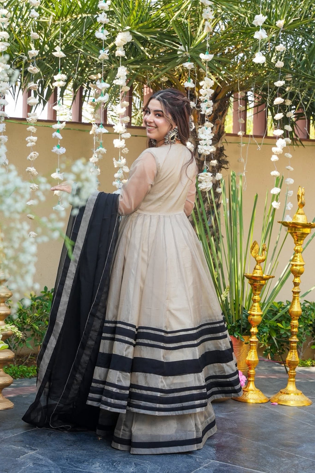 Premium ivory organza anarkali gown with grand flare