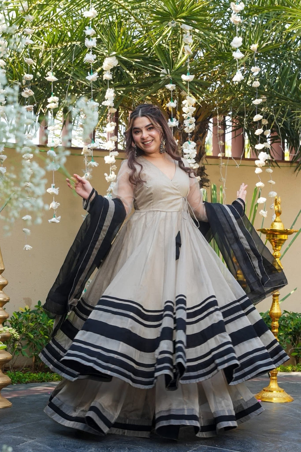 Premium ivory organza anarkali gown with grand flare mameraa