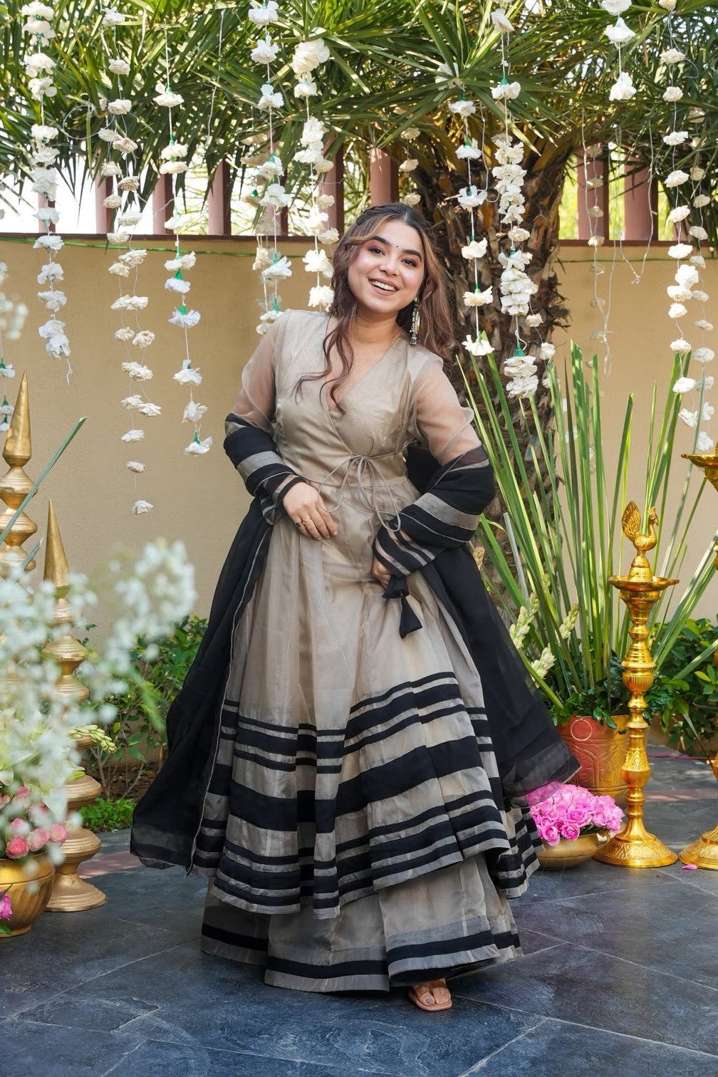 Premium ivory organza anarkali gown with grand flare