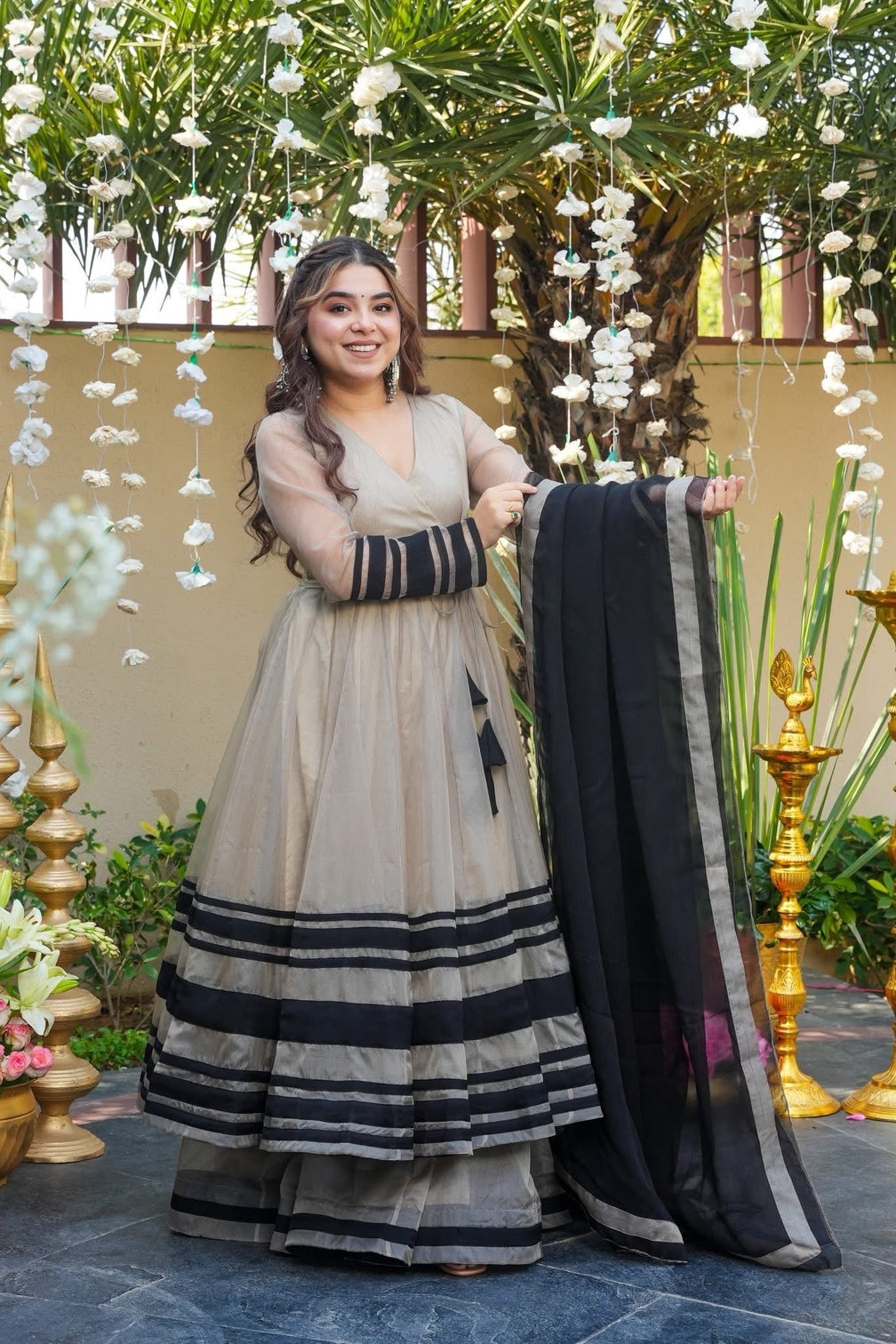 Premium ivory organza anarkali gown with grand flare