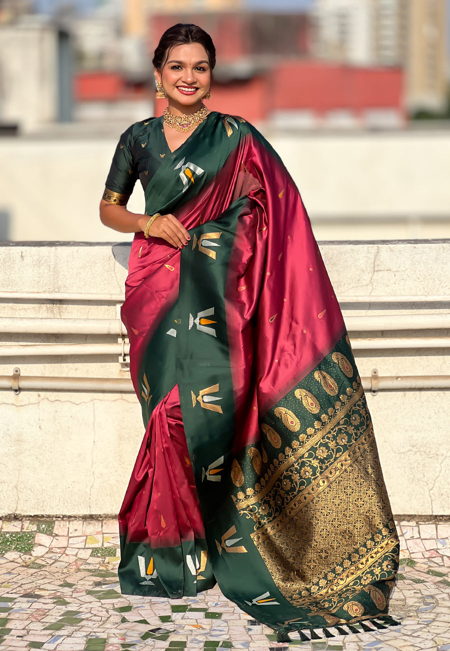 Coral pink south traditional tilak contrast soft silk zari woven saree