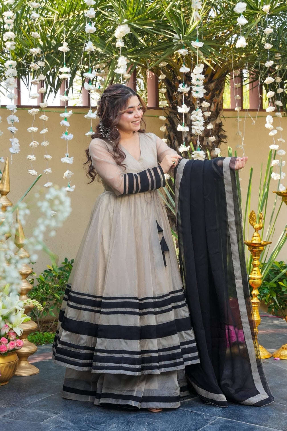 Premium ivory organza anarkali gown with grand flare