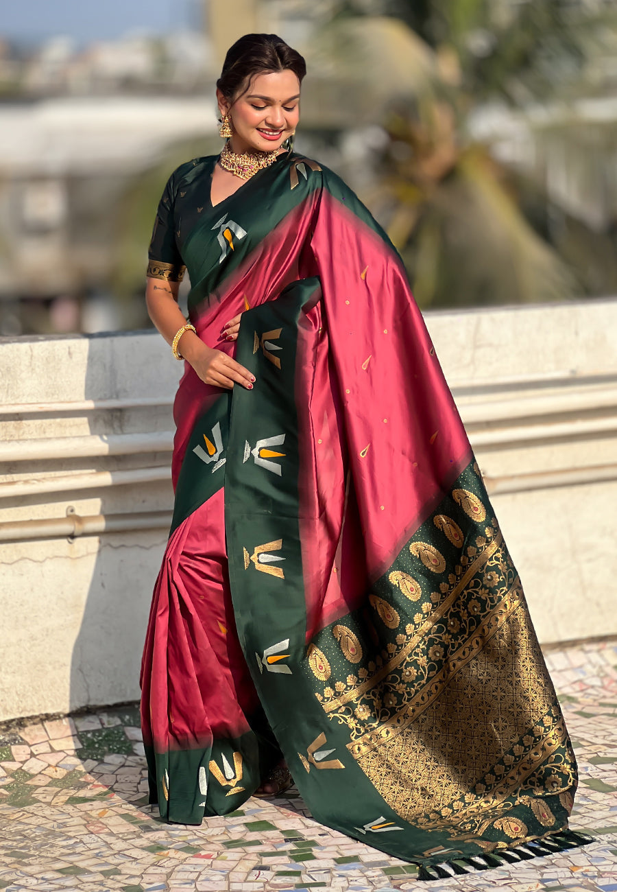 Coral pink south traditional tilak contrast soft silk zari woven saree
