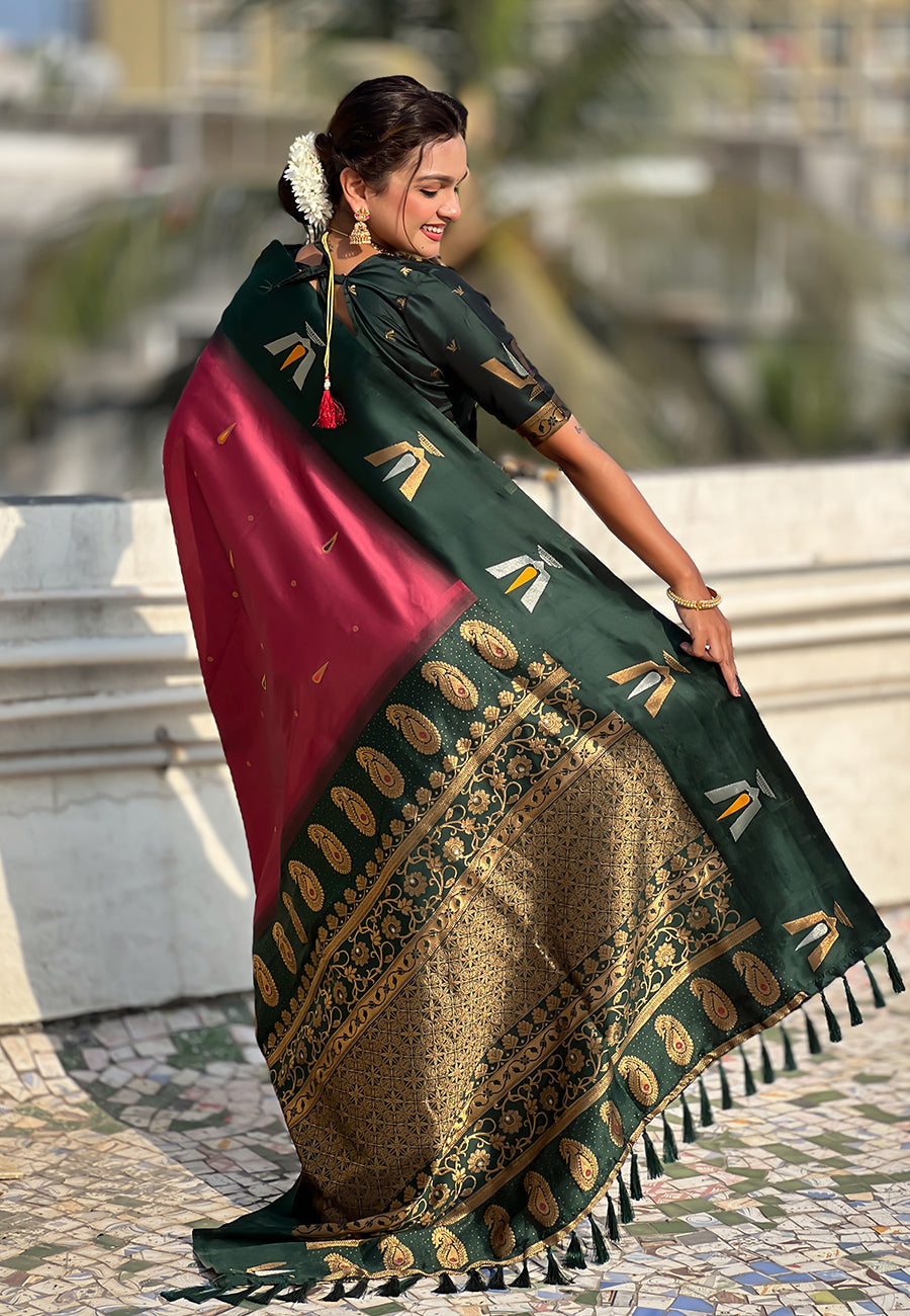 Coral pink south traditional tilak contrast soft silk zari woven saree