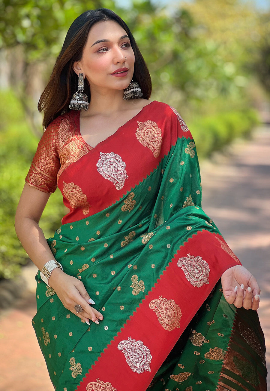 Green soft silk contrast zari woven saree