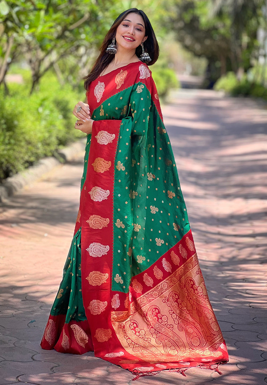 Green soft silk contrast zari woven saree