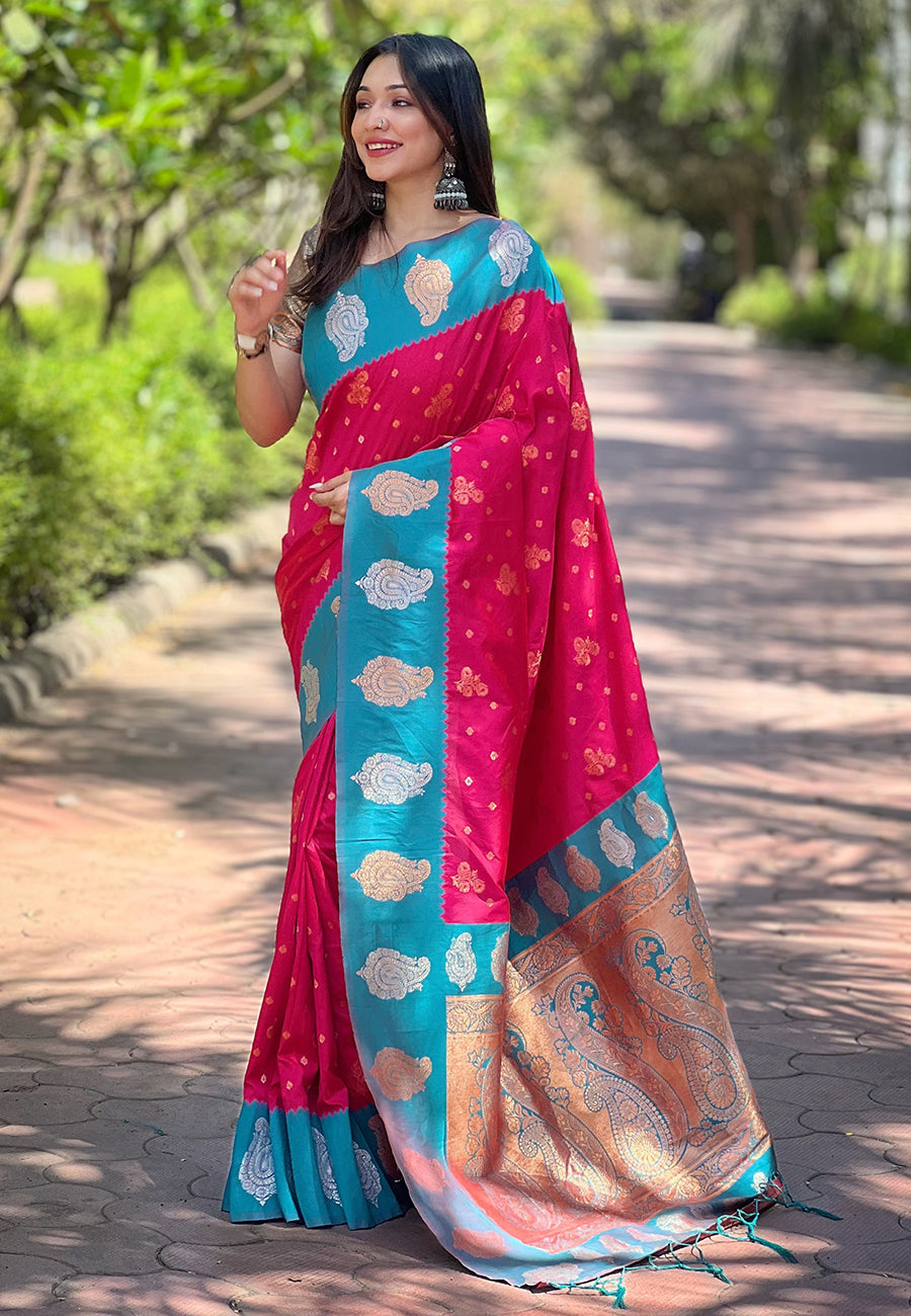 Pink soft silk contrast zari woven saree