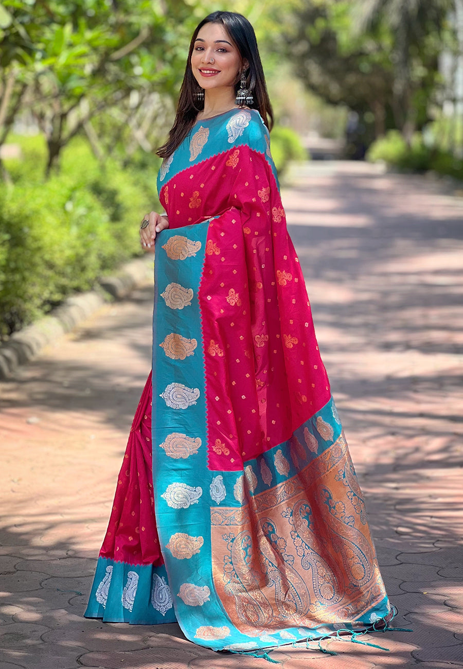Pink soft silk contrast zari woven saree