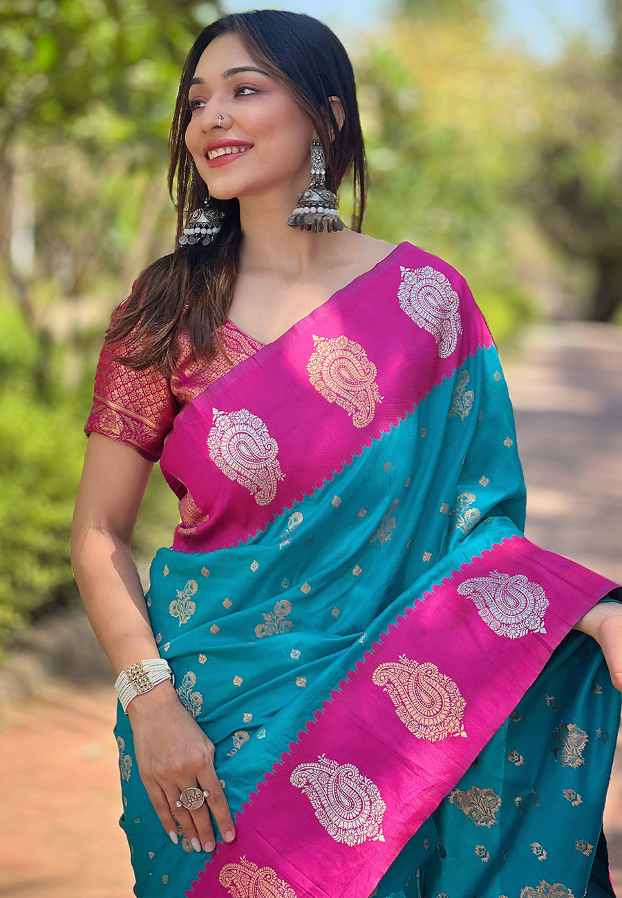 Blue soft silk contrast zari woven saree