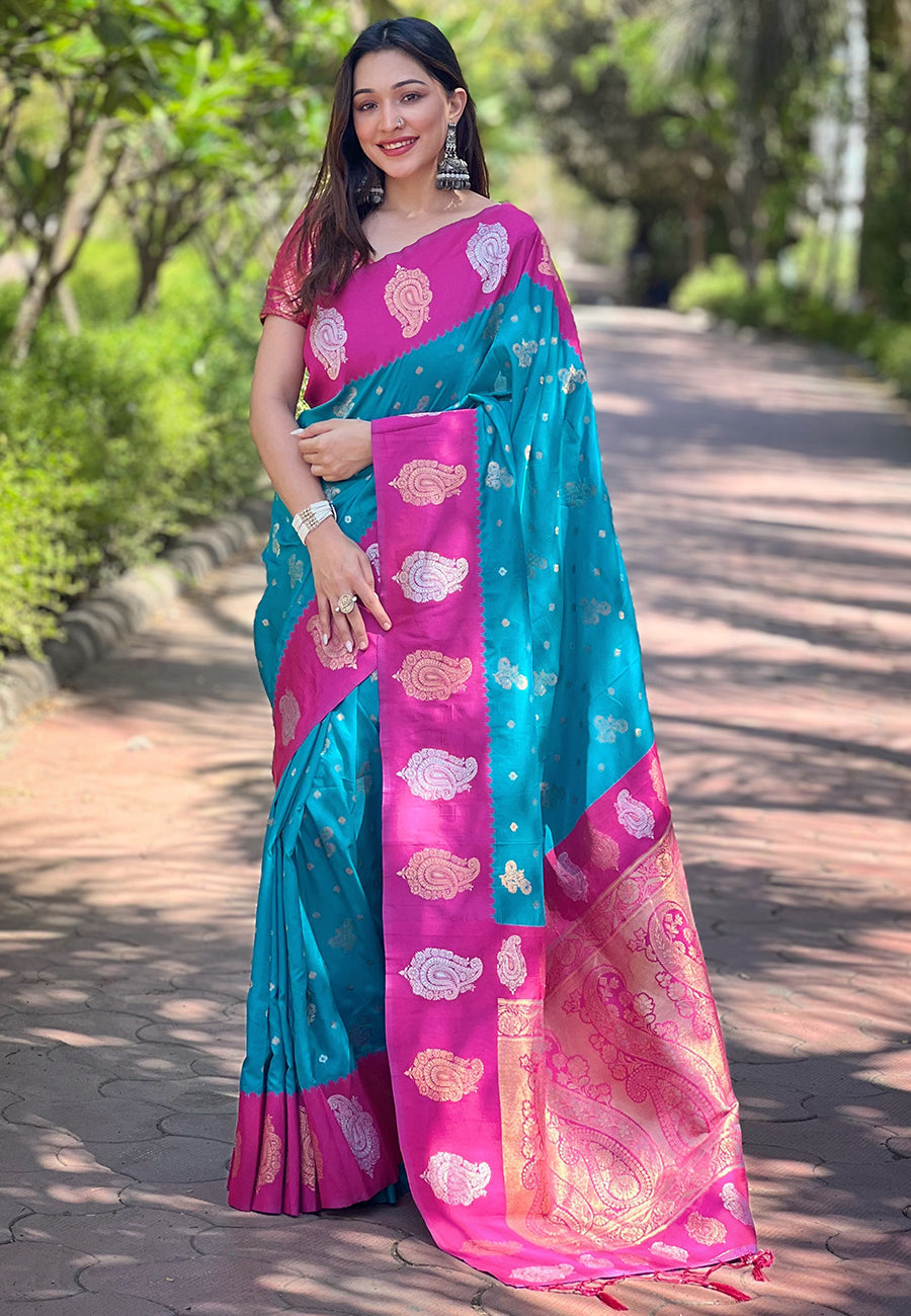Blue soft silk contrast zari woven saree
