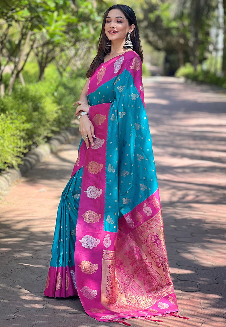 Blue soft silk contrast zari woven saree