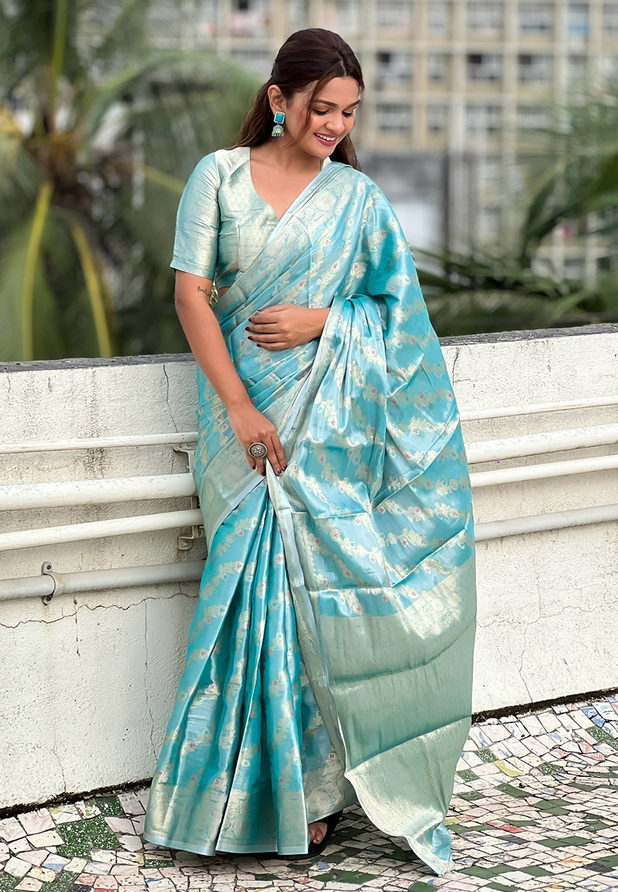 Sky blue kanjivaram soft tissue silk leheriya traditional zari woven saree