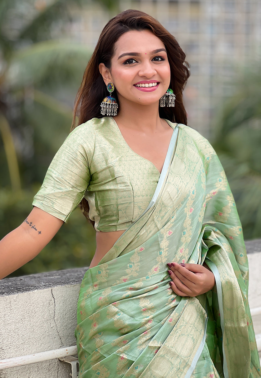 Green kanjivaram soft tissue silk leheriya traditional zari woven saree