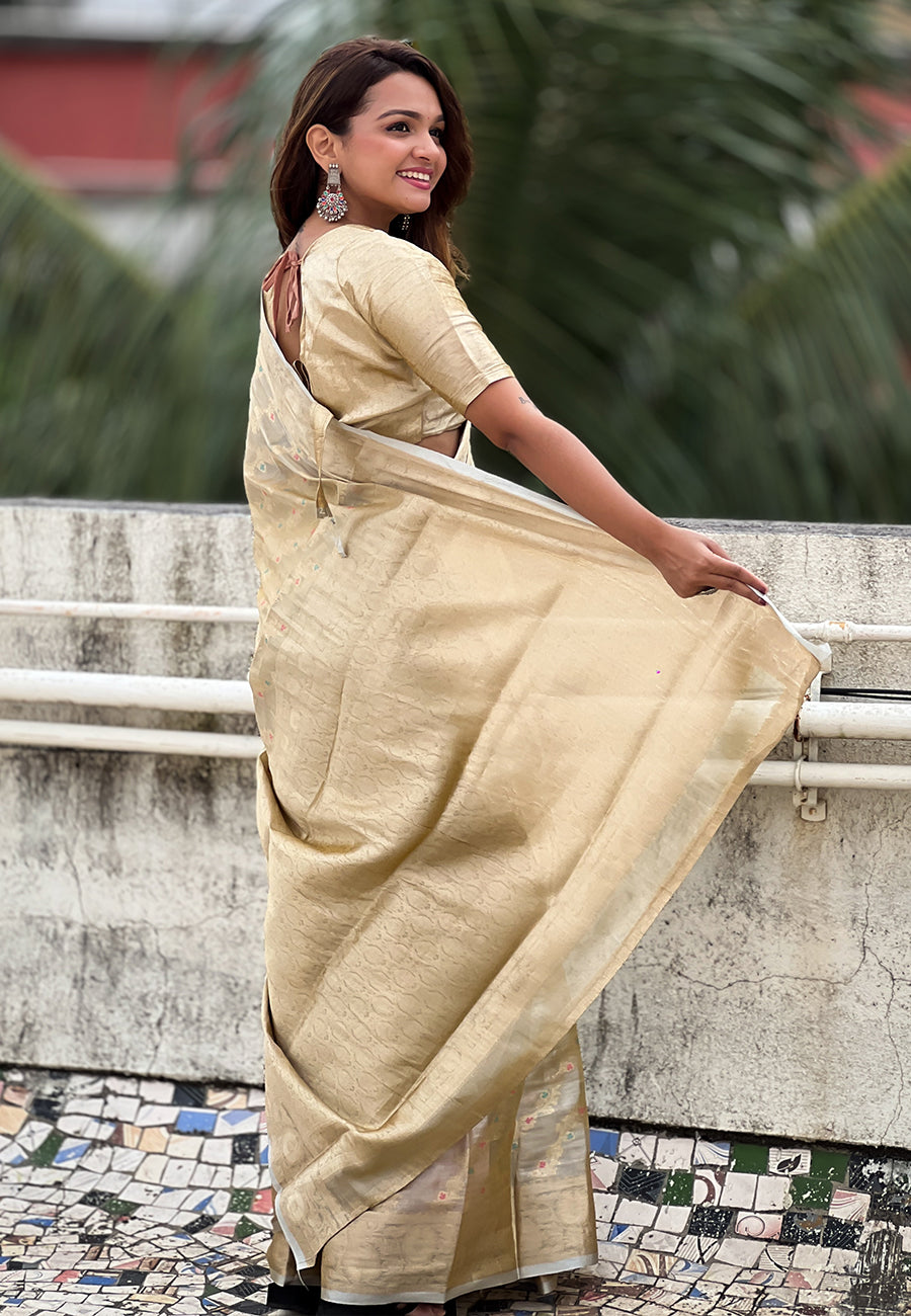 Ivory cream kanjivaram soft tissue silk leheriya traditional zari woven saree