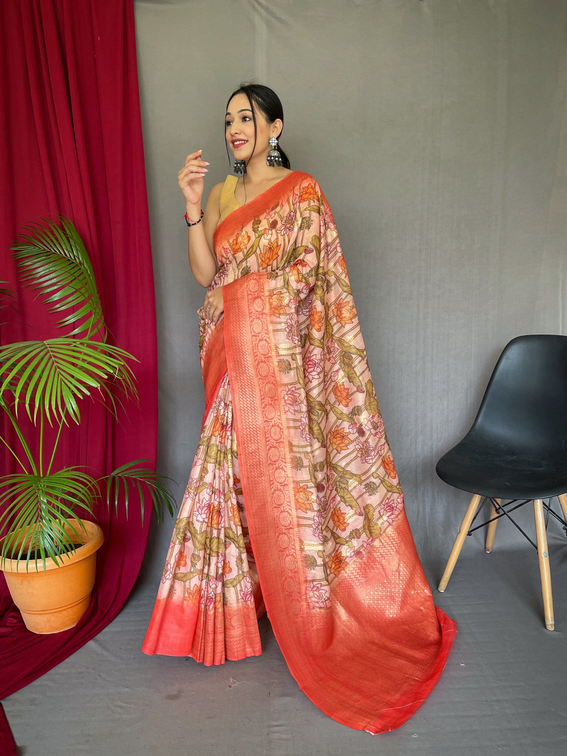 Peachy Pink Saree in Banarasi Silk with Kalamkari Prints