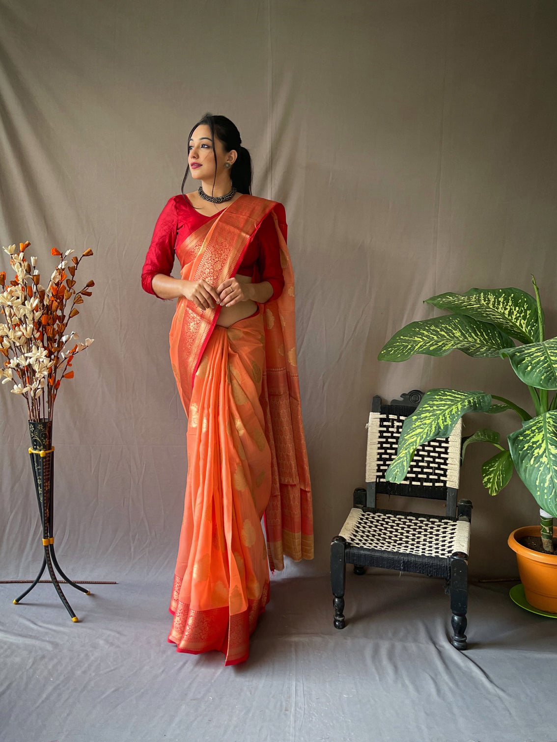 Portland Orange Saree in Linen