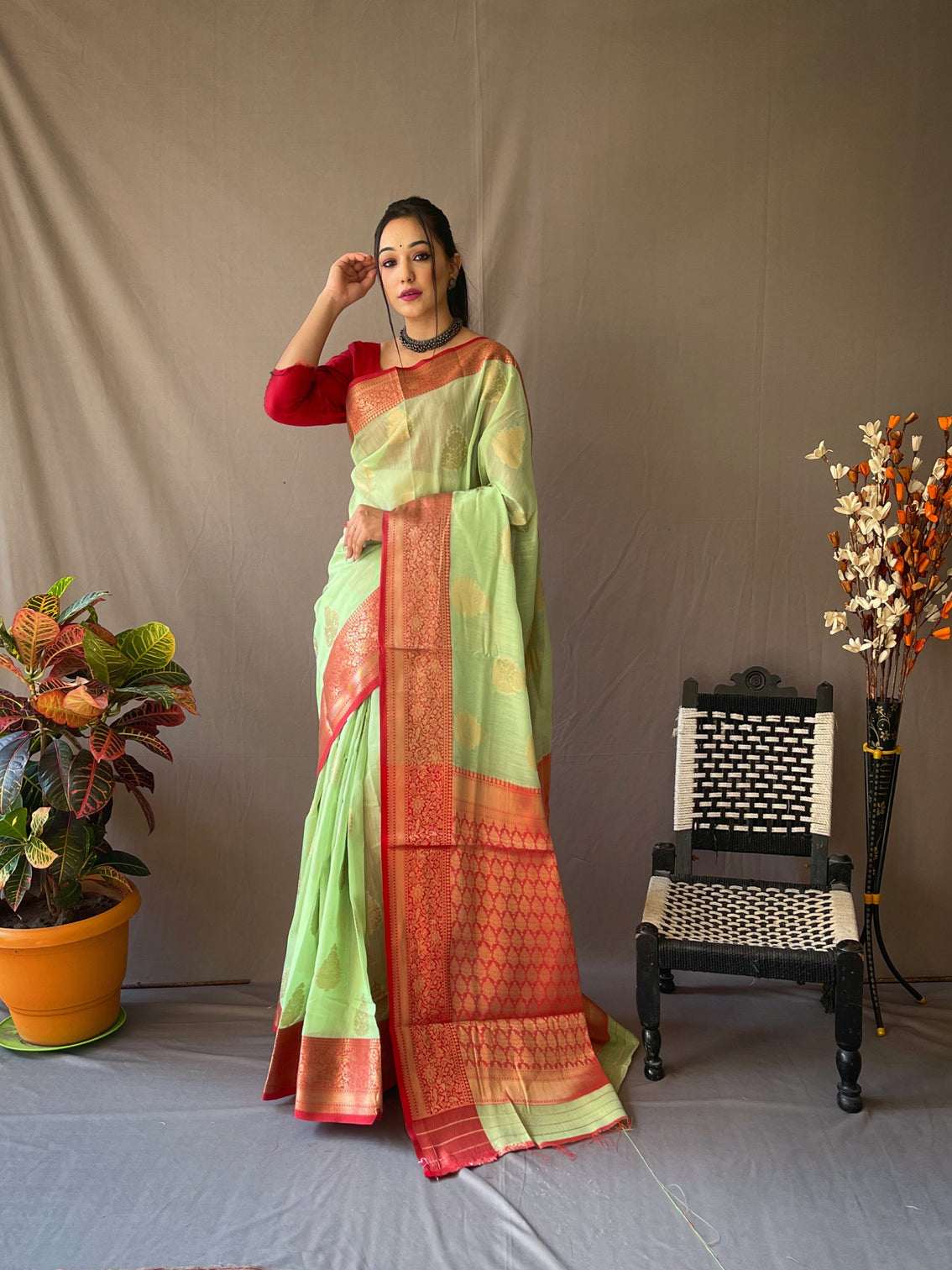 Pistachio Green Saree in Linen