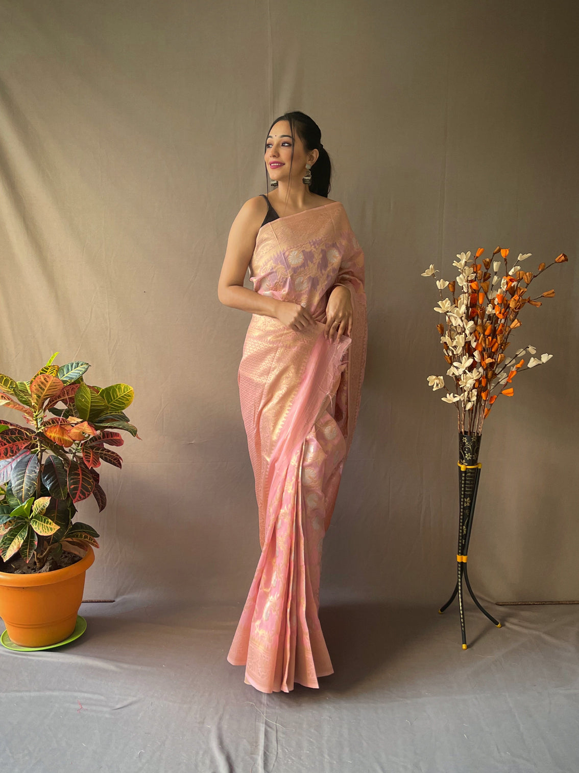 Pink Rose Saree in Linen Silk
