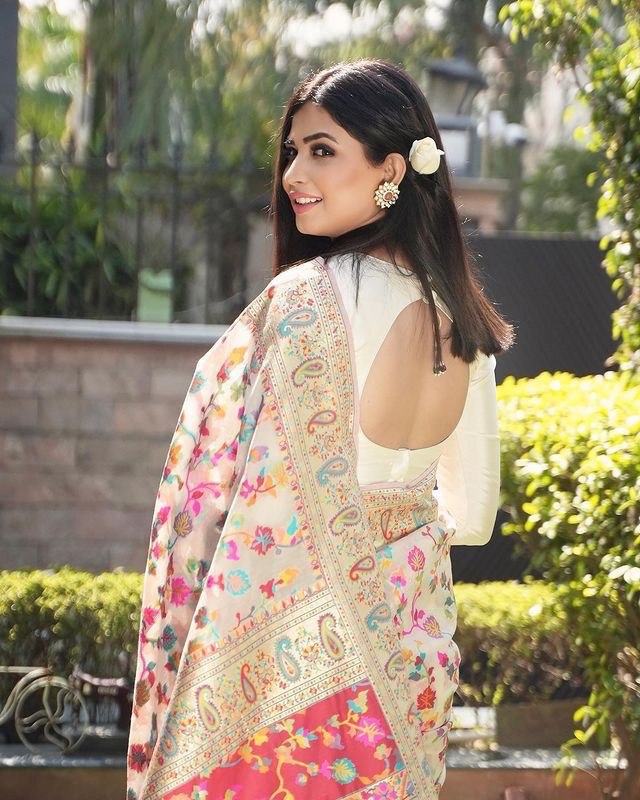 Kashmiri pashmina cotton kachhi work multi thrade saree