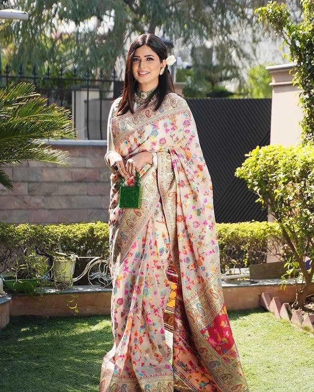 Kashmiri pashmina cotton kachhi work multi thrade saree mameraa