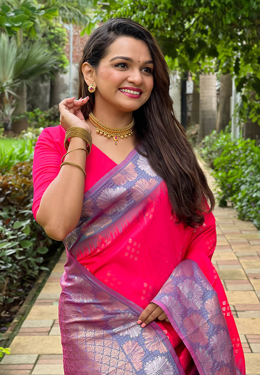 Hot pink soft silk floral border contrast zari woven saree