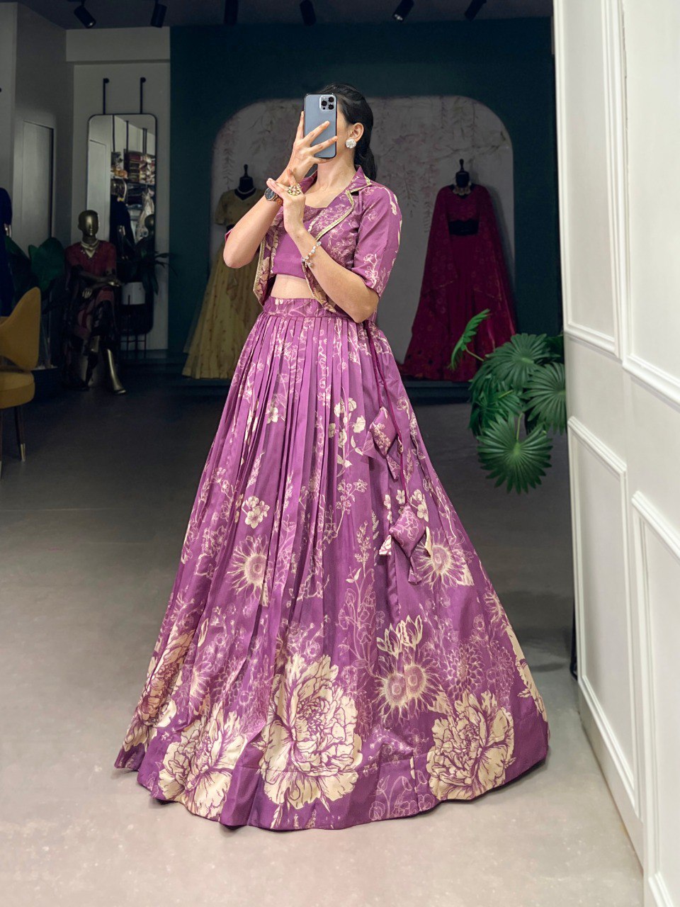 Ethereal radiance mauve tussar silk lehenga with jacket koti