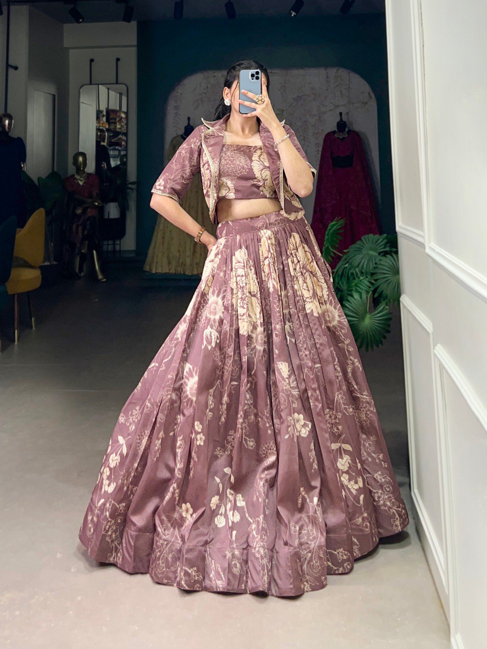Ethereal radiance mauve tussar silk lehenga with jacket koti