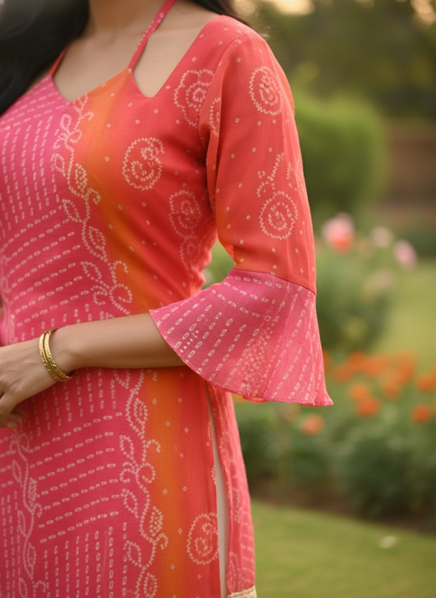 Rani pink kesari bandhej faux georgette kurti with pure cotton inner