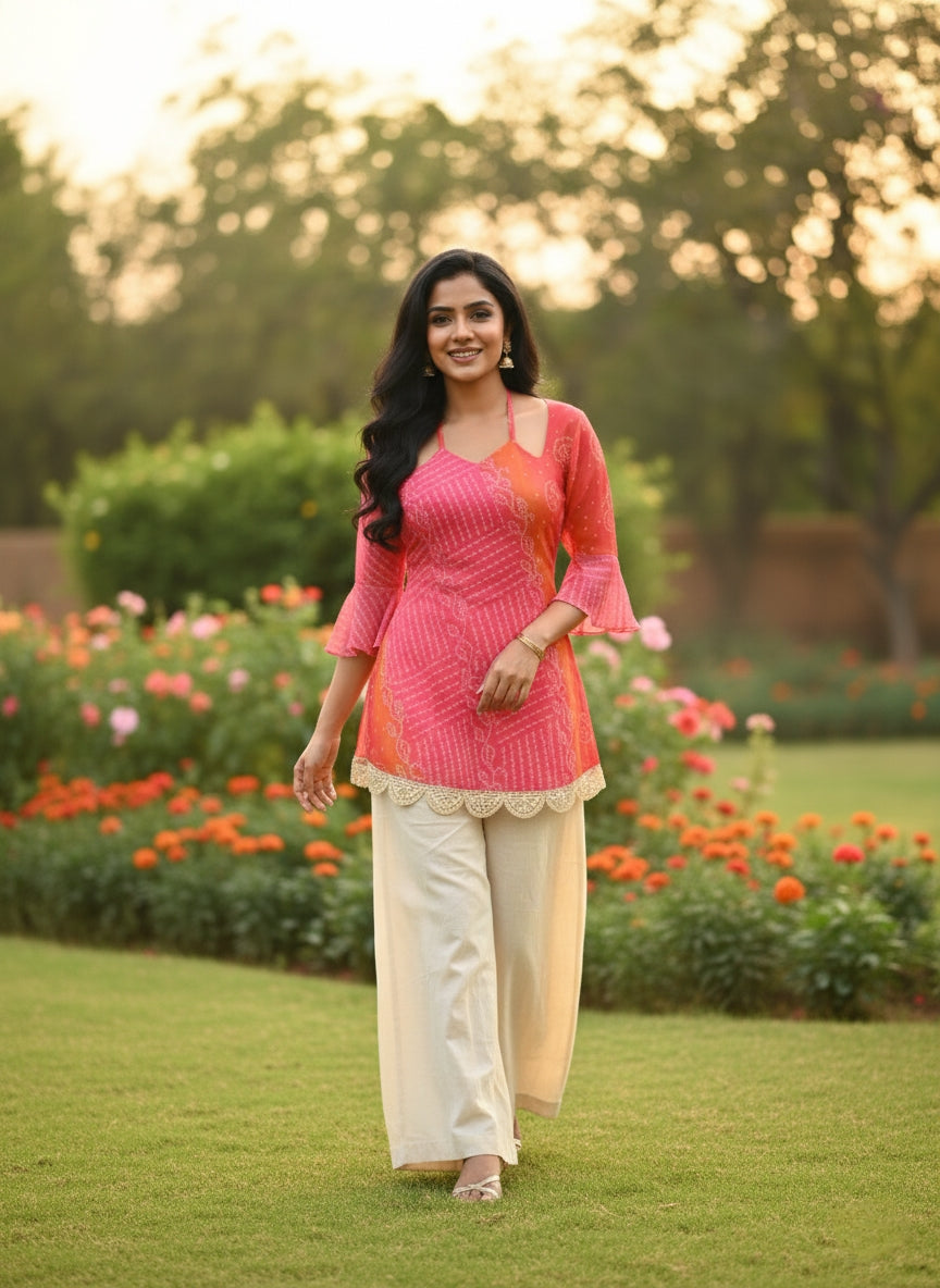 Rani pink kesari bandhej faux georgette kurti with pure cotton inner