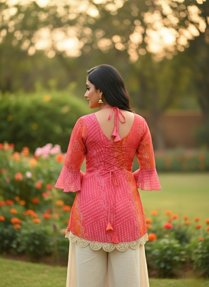 Rani pink kesari bandhej faux georgette kurti with pure cotton inner