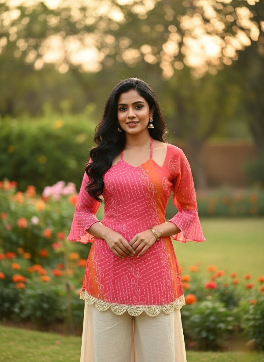 Rani pink kesari bandhej faux georgette kurti with pure cotton inner mameraa
