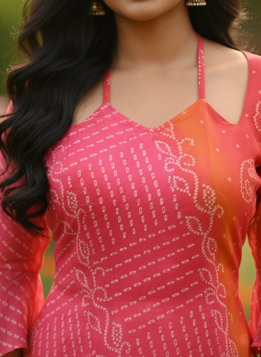 Rani pink kesari bandhej faux georgette kurti with pure cotton inner