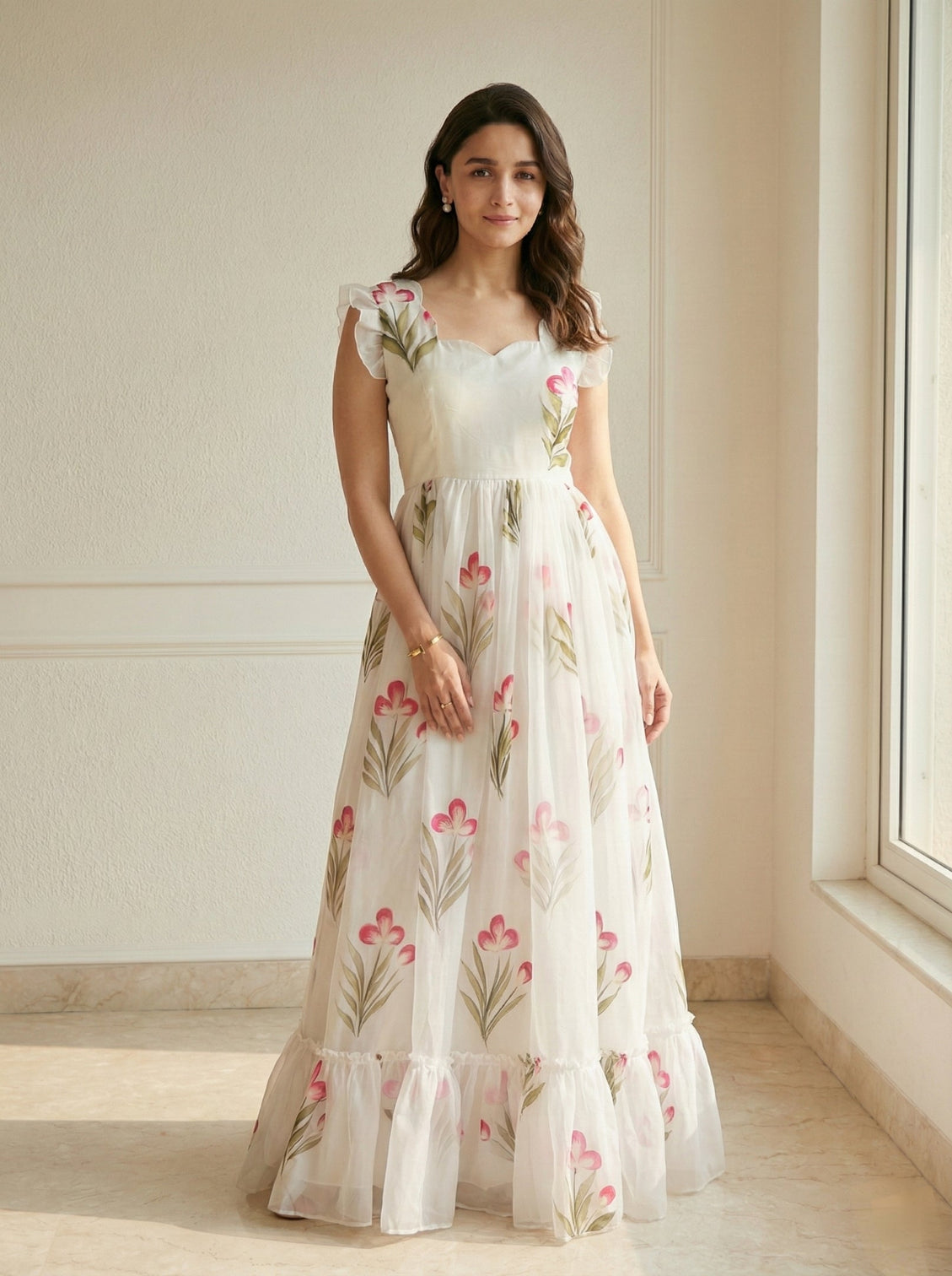 White floral printed party wear casual long gown mameraa