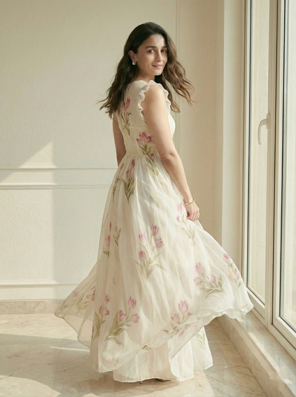 White floral printed party wear casual long gown