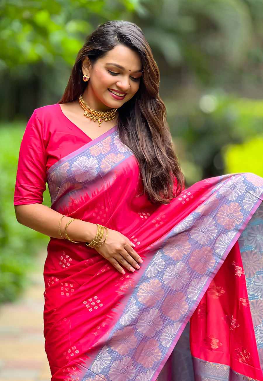 Hot pink soft silk floral border contrast zari woven saree