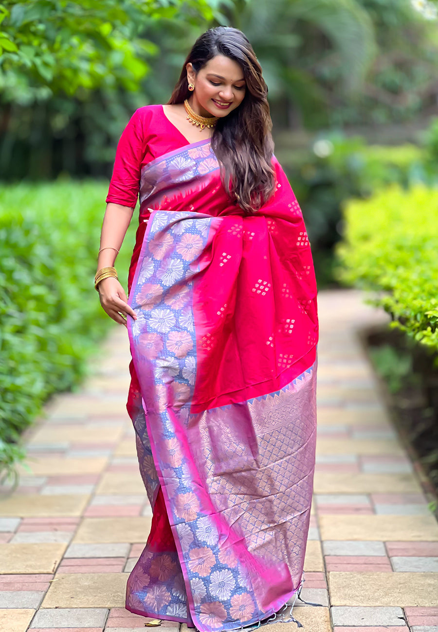 Hot pink soft silk floral border contrast zari woven saree